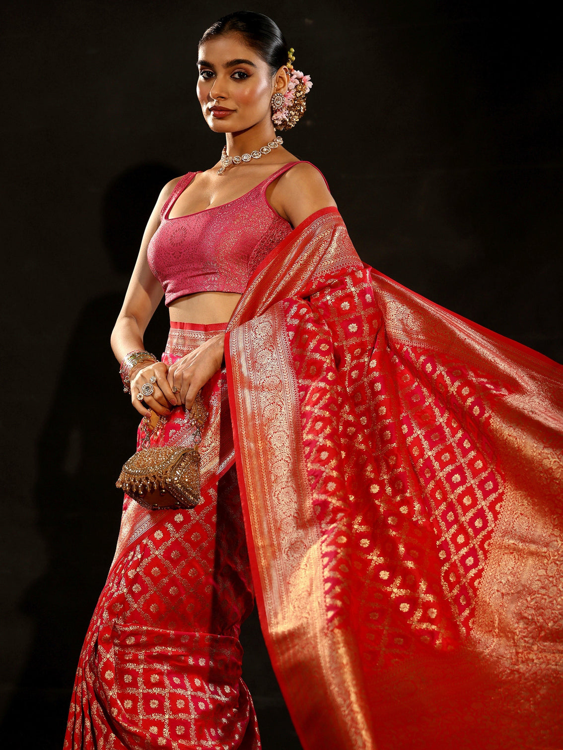 Mameraa Vermilion Red Banarasi Silk Blend Saree