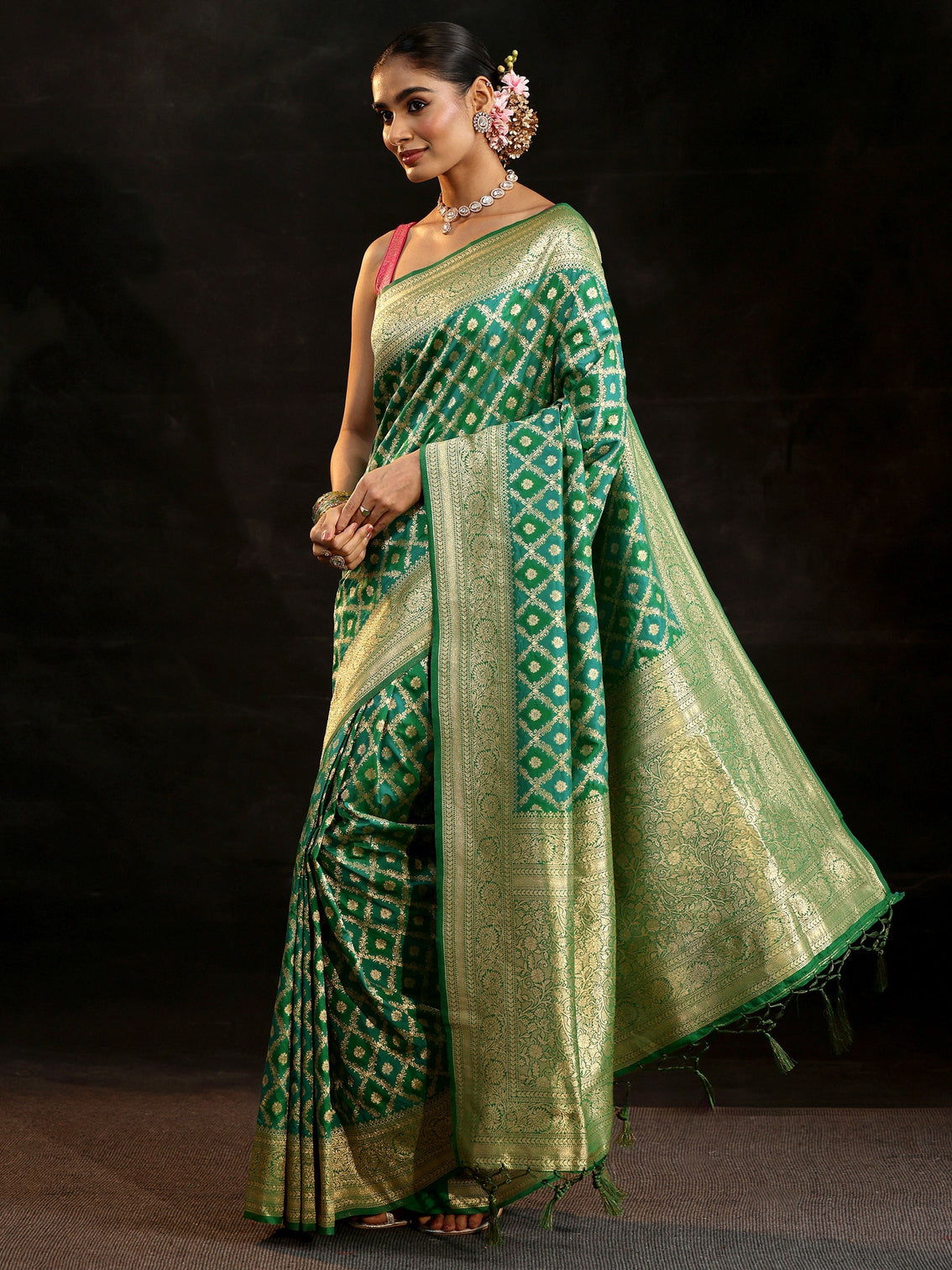 Mameraa Sea Green Banarasi Silk Blend Saree