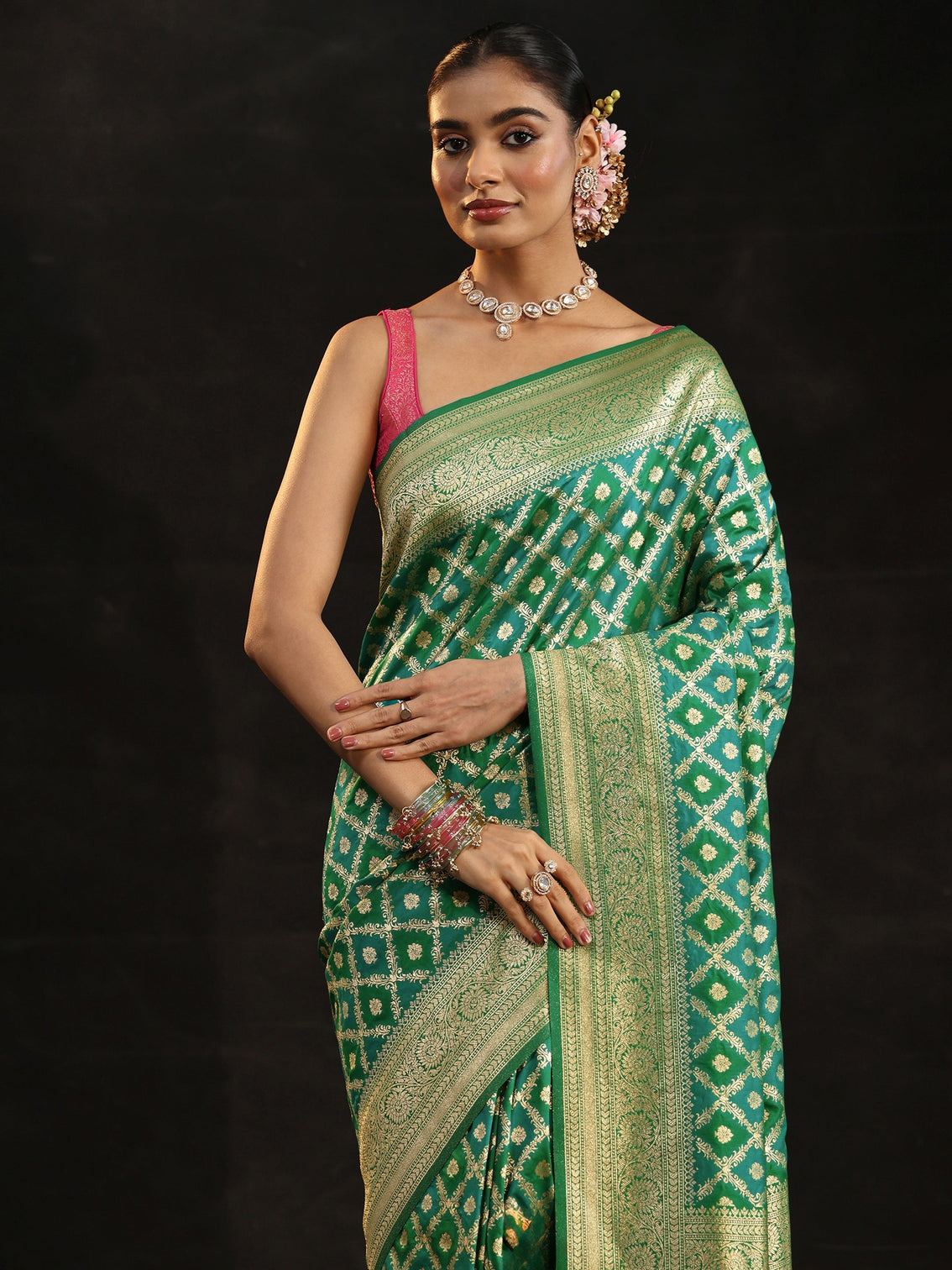 Mameraa Sea Green Banarasi Silk Blend Saree