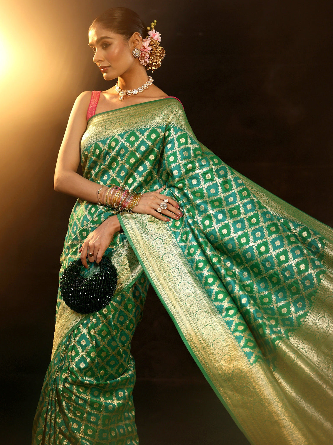 Mameraa Sea Green Banarasi Silk Blend Saree