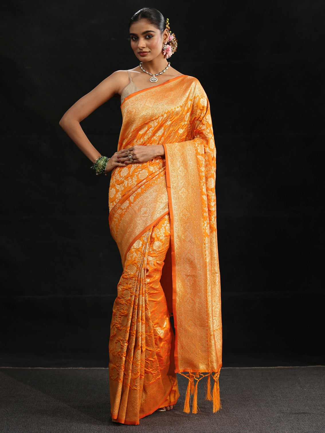 Mameraa Orange Banarasi Silk Blend Saree