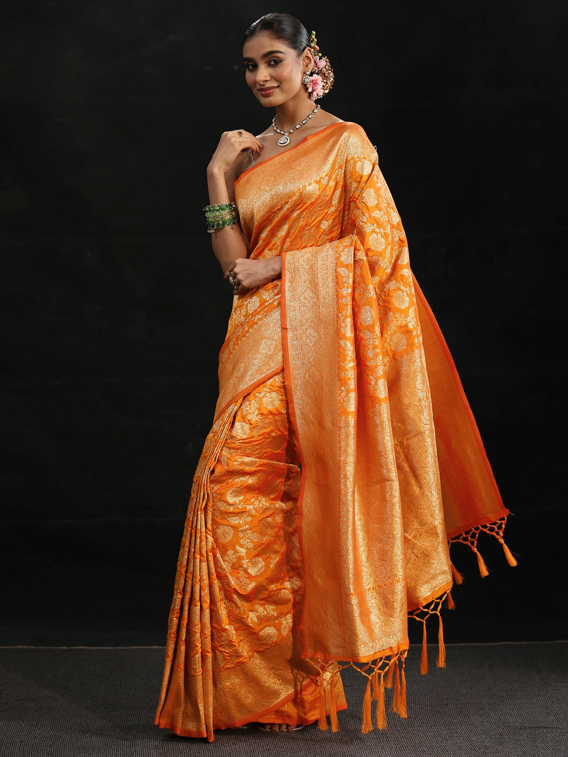 Mameraa Orange Banarasi Silk Blend Saree