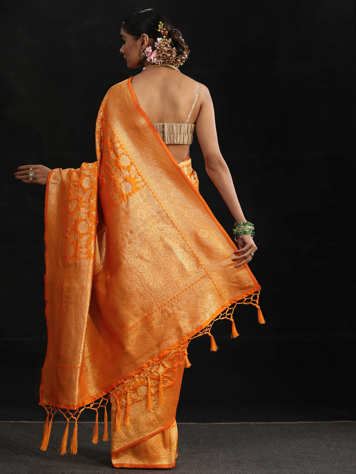 Mameraa Orange Banarasi Silk Blend Saree