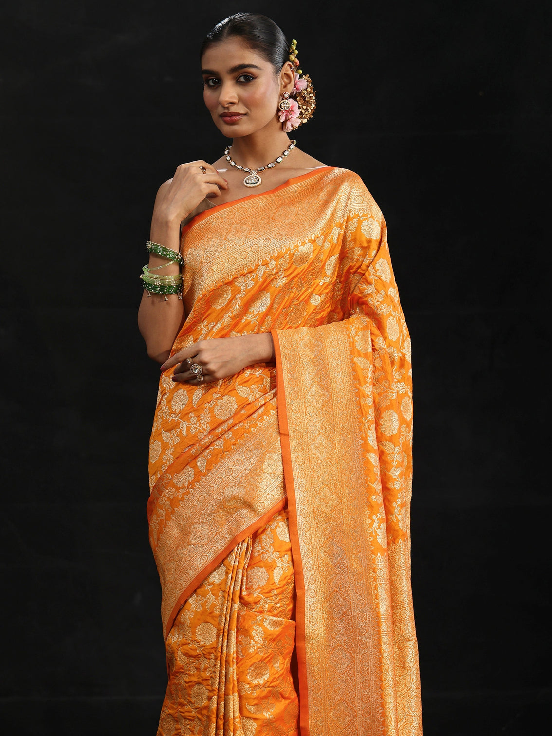 Mameraa Orange Banarasi Silk Blend Saree