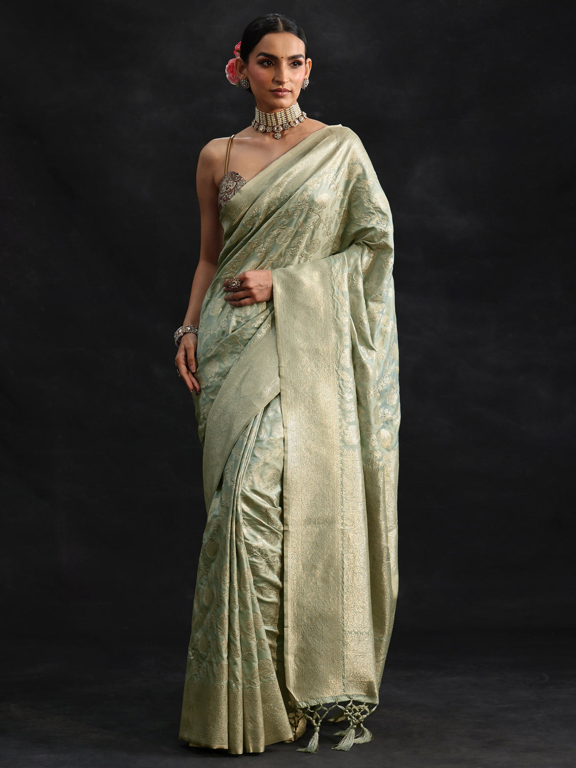 Mameraa Mint Green Banarasi Silk Blend Saree
