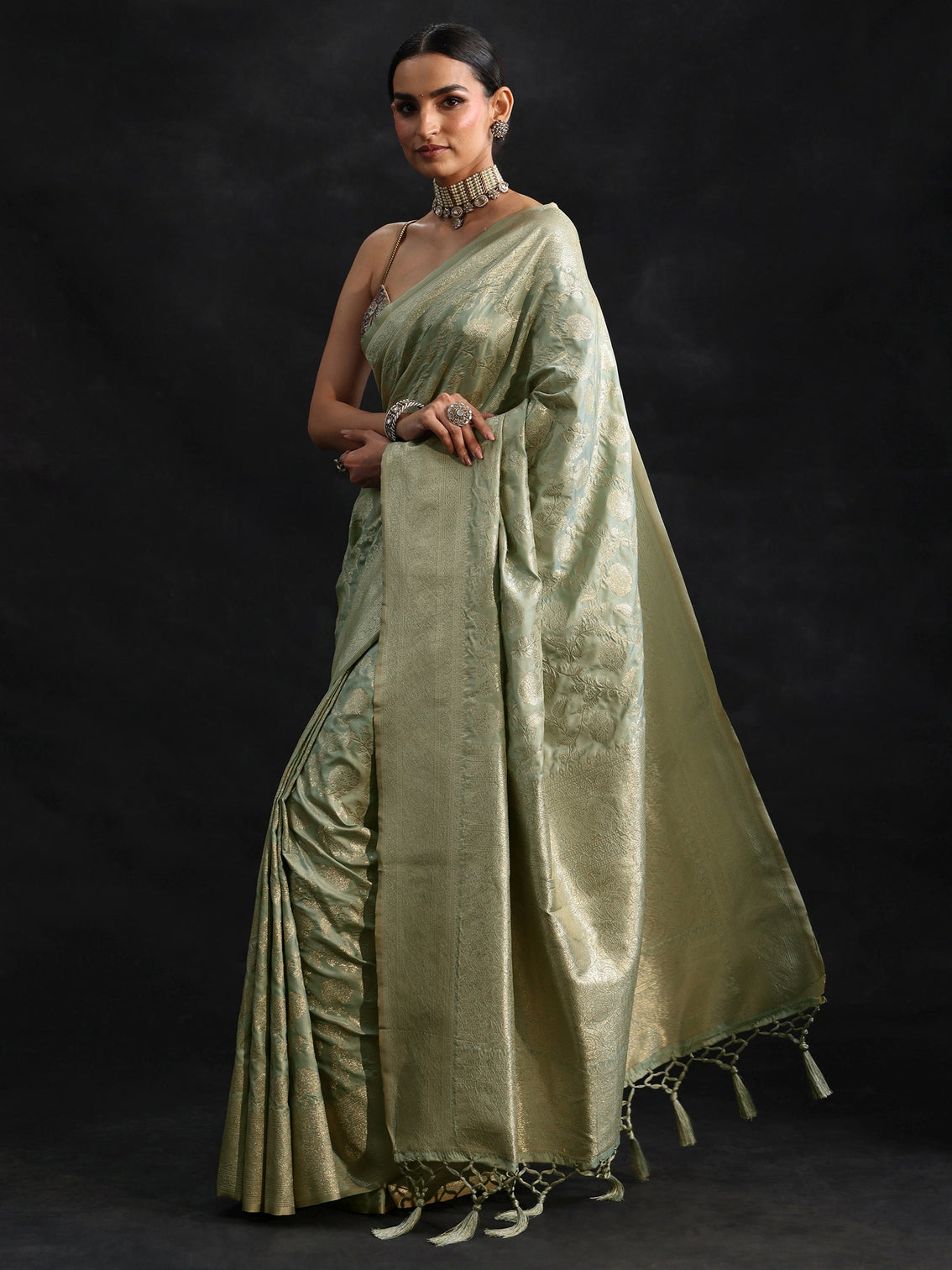 Mameraa Mint Green Banarasi Silk Blend Saree