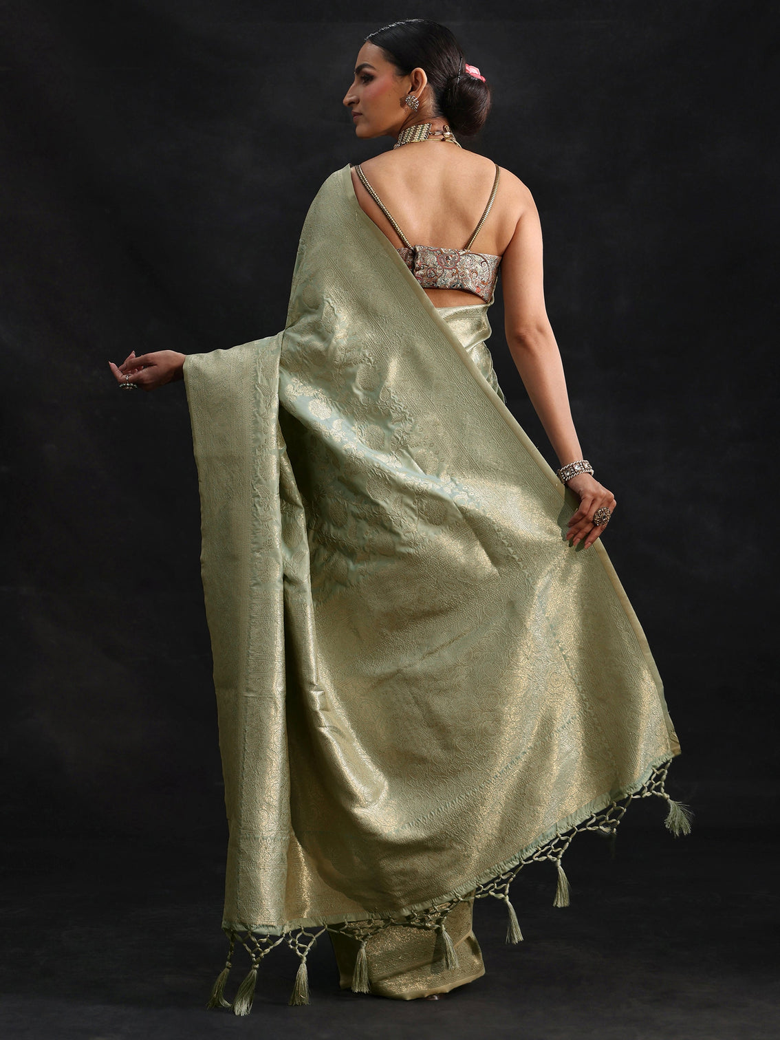 Mameraa Mint Green Banarasi Silk Blend Saree