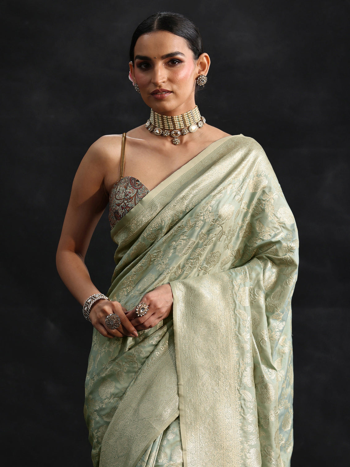 Mameraa Mint Green Banarasi Silk Blend Saree