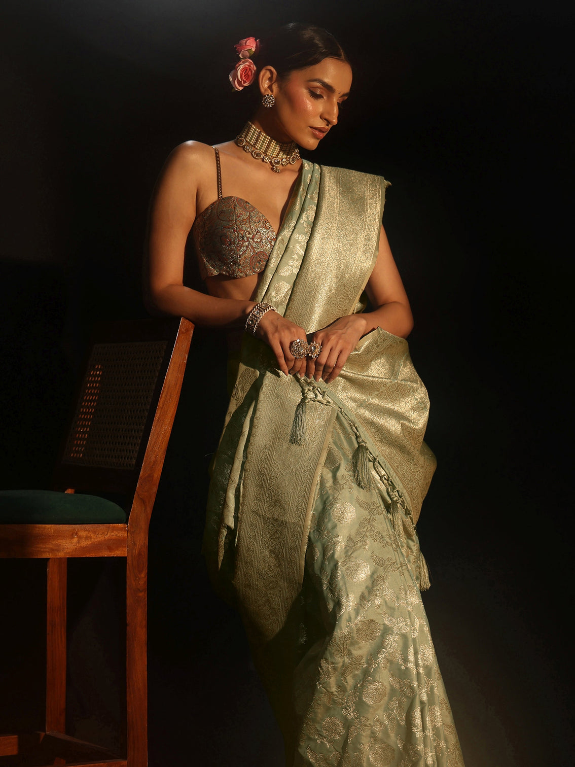 Mameraa Mint Green Banarasi Silk Blend Saree
