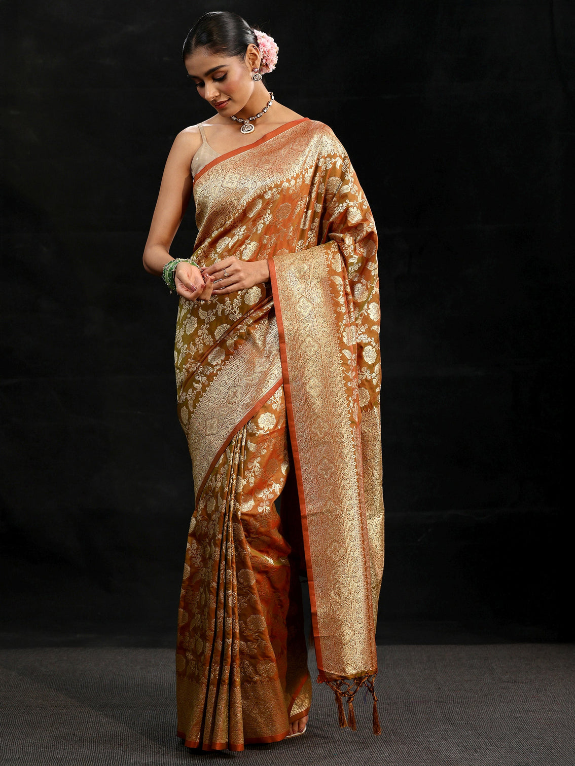 Mameraa Rust Brown Banarasi Silk Blend Saree