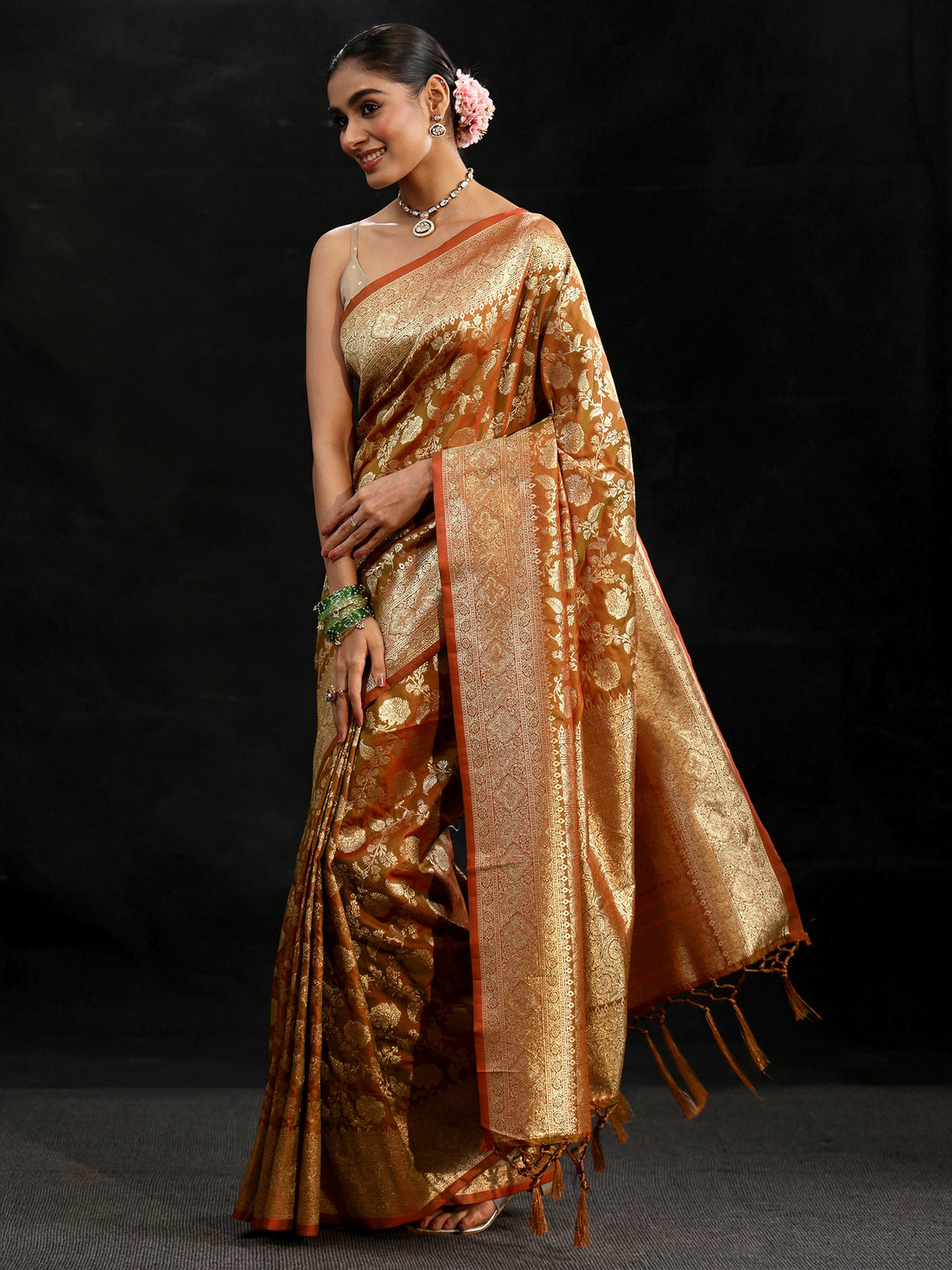 Mameraa Rust Brown Banarasi Silk Blend Saree