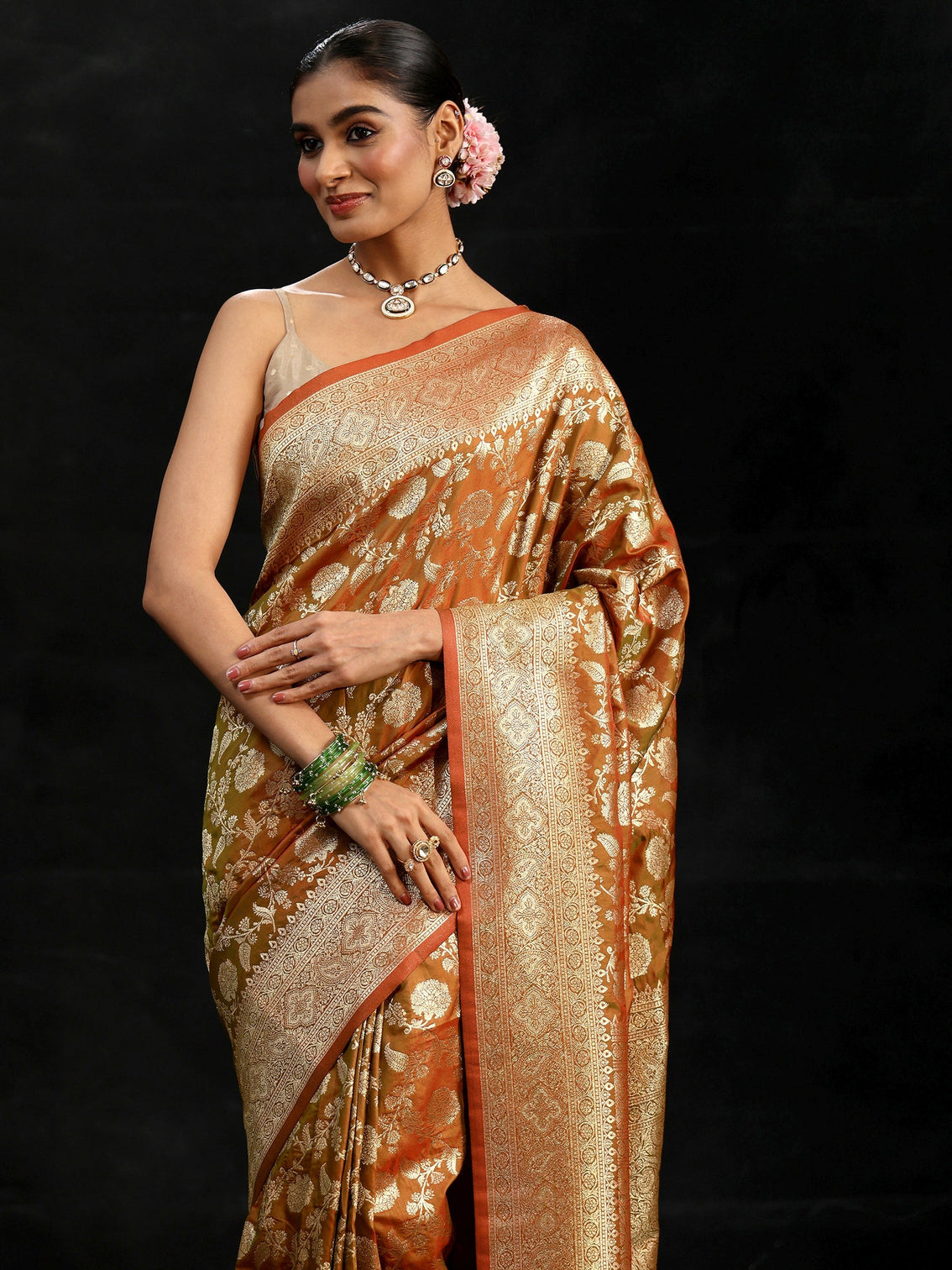 Mameraa Rust Brown Banarasi Silk Blend Saree