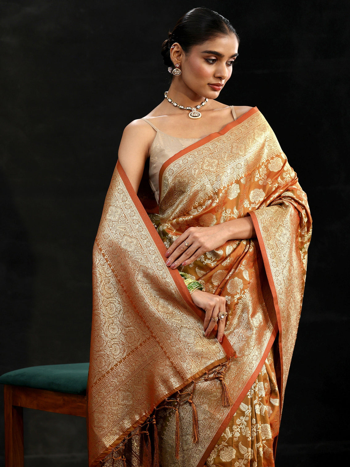 Mameraa Rust Brown Banarasi Silk Blend Saree