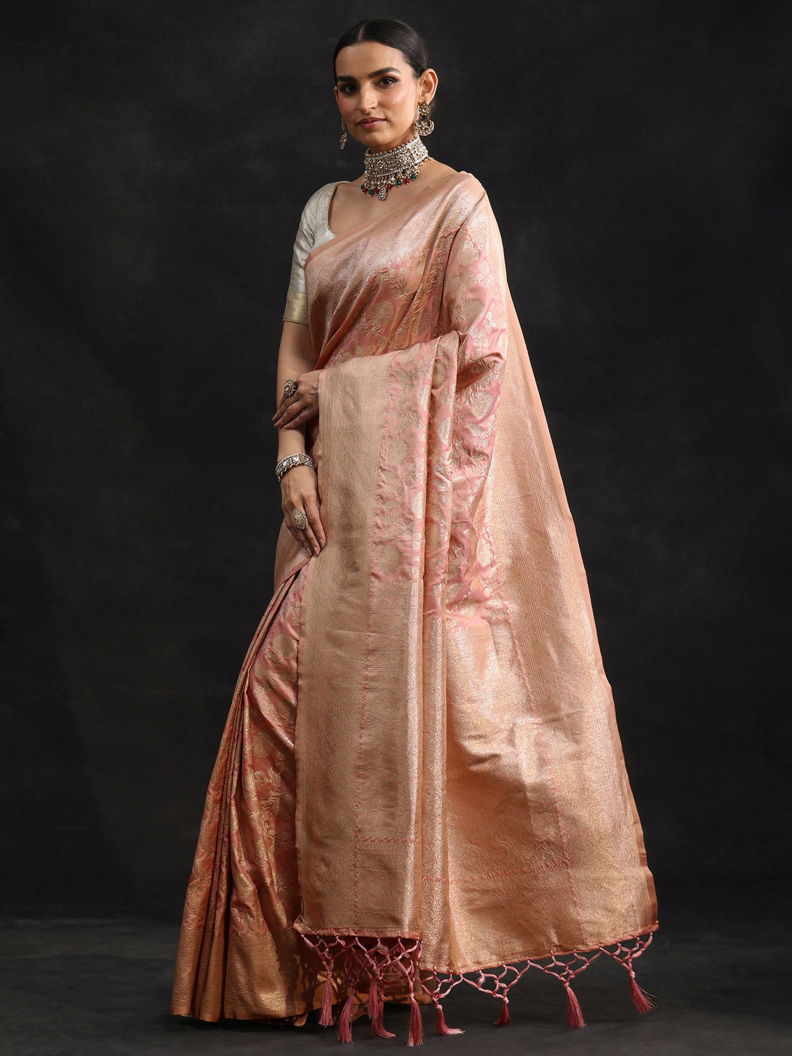 Mameraa Baby Pink Banarasi Silk Blend Saree