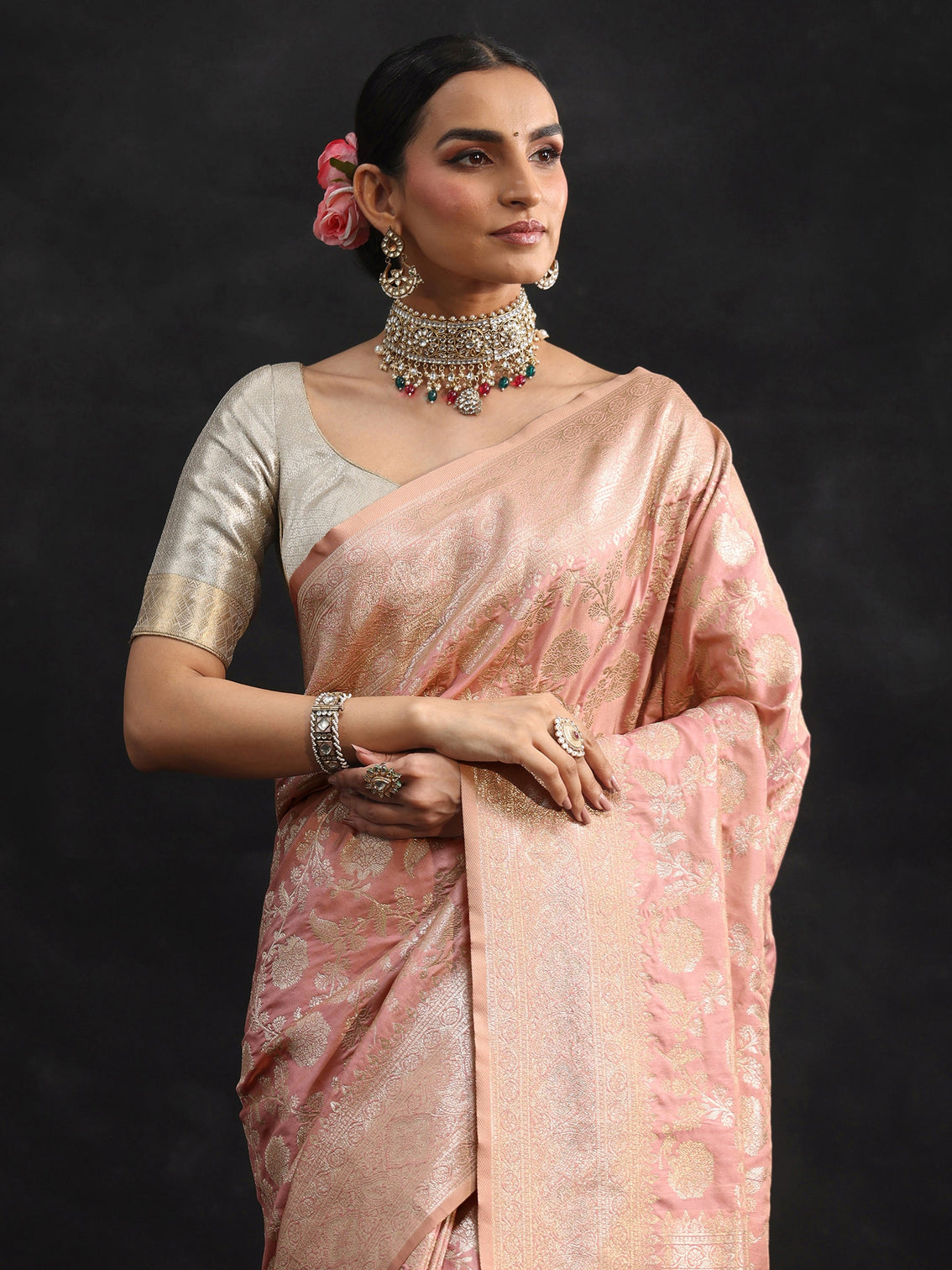Mameraa Baby Pink Banarasi Silk Blend Saree