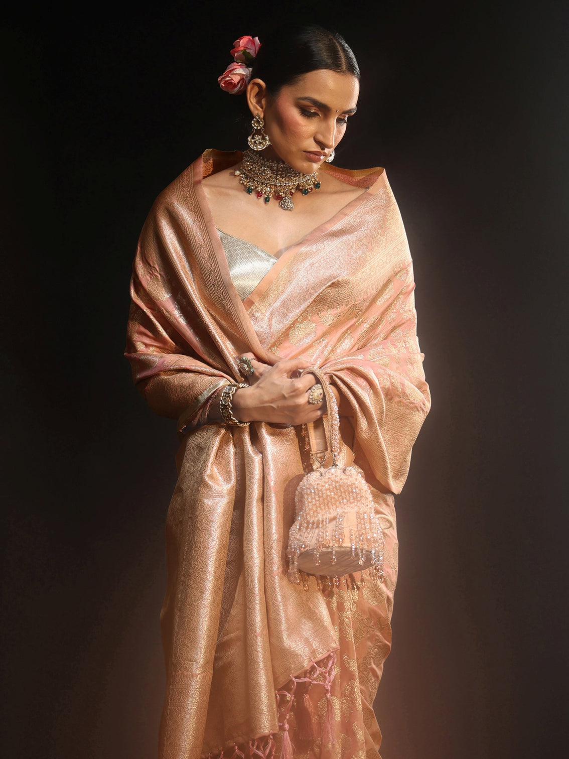 Mameraa Baby Pink Banarasi Silk Blend Saree