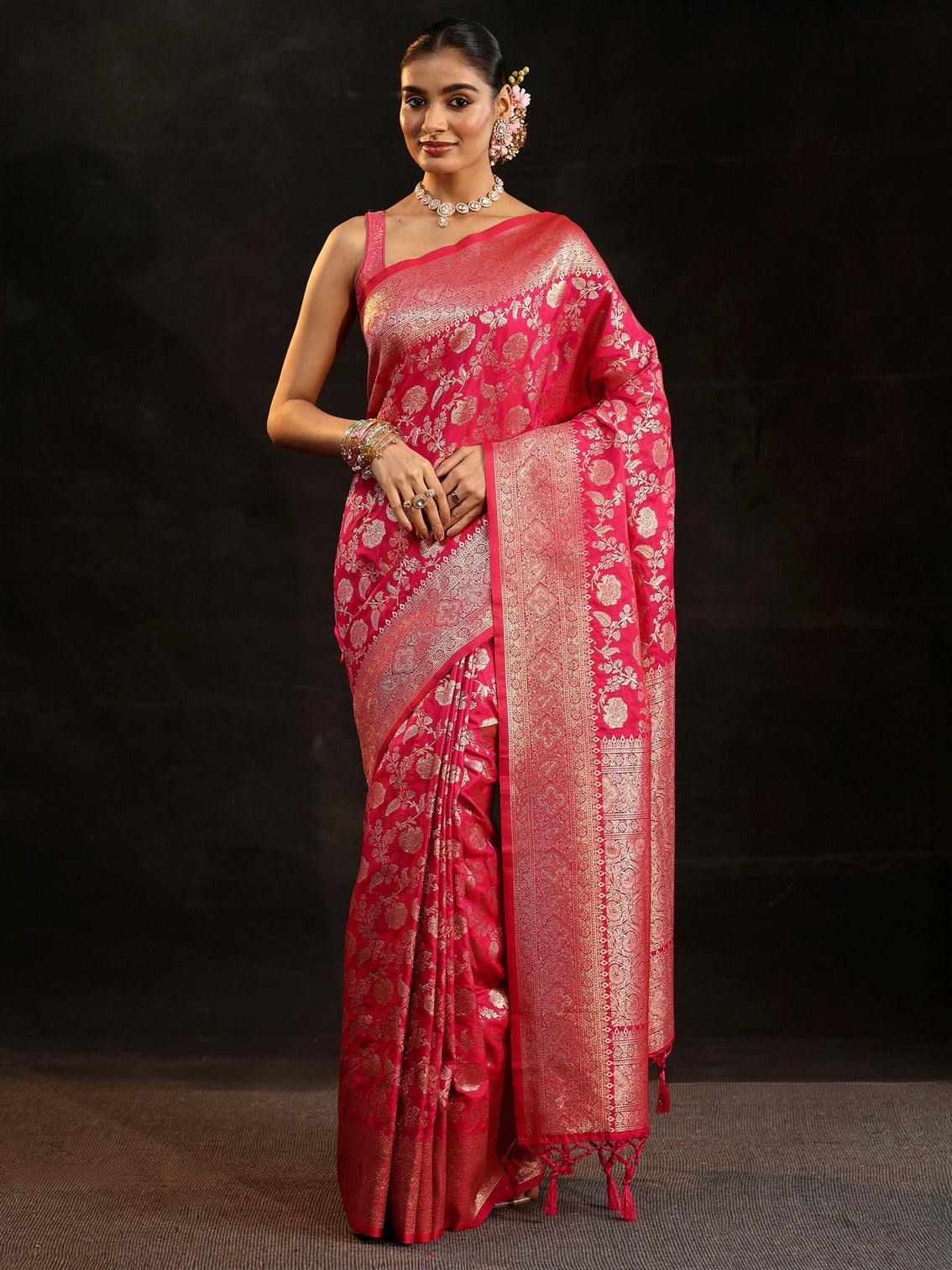 Mameraa Rani Pink Banarasi Silk Blend Saree