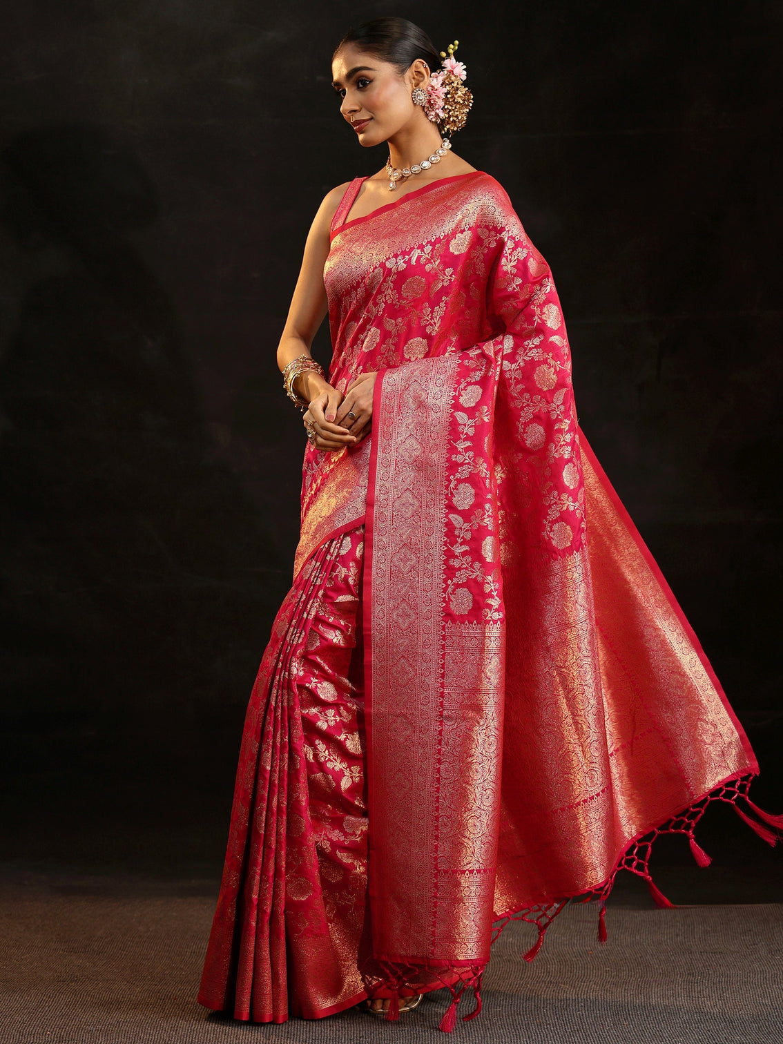 Mameraa Rani Pink Banarasi Silk Blend Saree