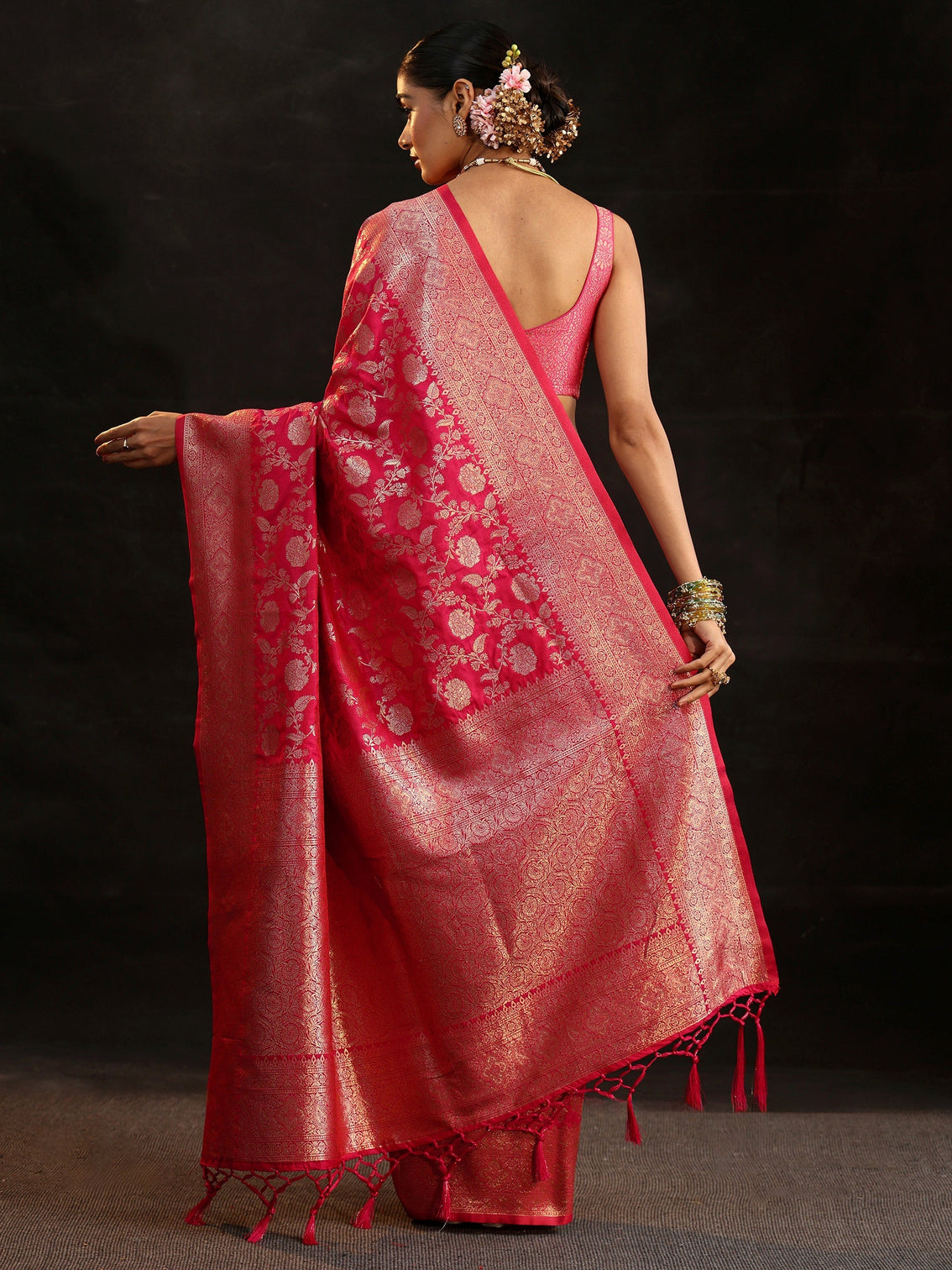 Mameraa Rani Pink Banarasi Silk Blend Saree