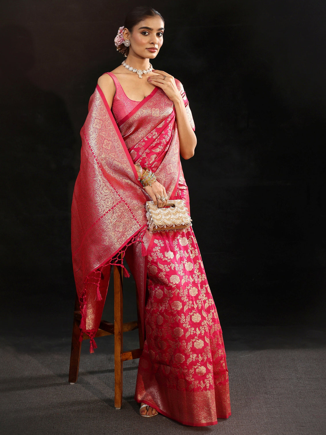 Mameraa Rani Pink Banarasi Silk Blend Saree