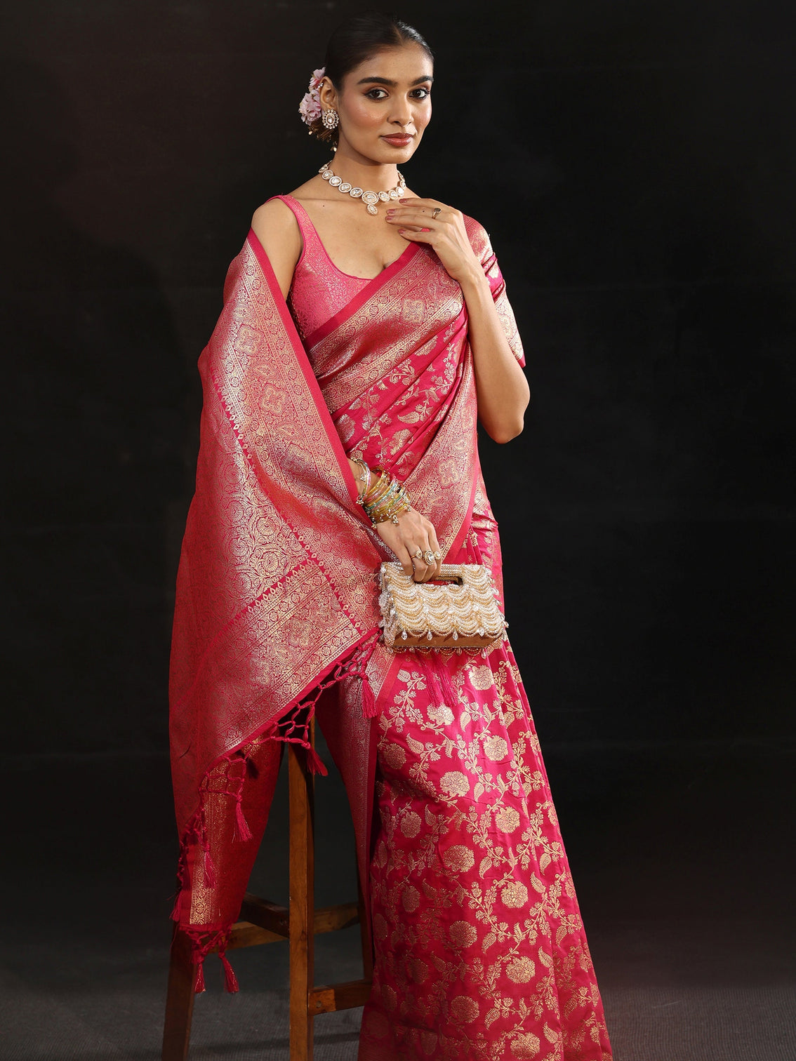 Mameraa Rani Pink Banarasi Silk Blend Saree