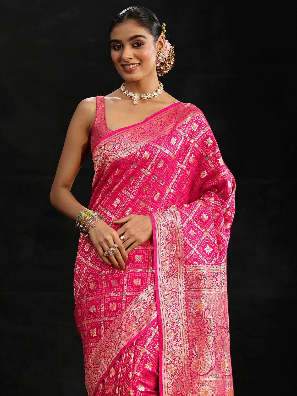 Mameraa Rani Pink Gharchola Silk Blend Saree