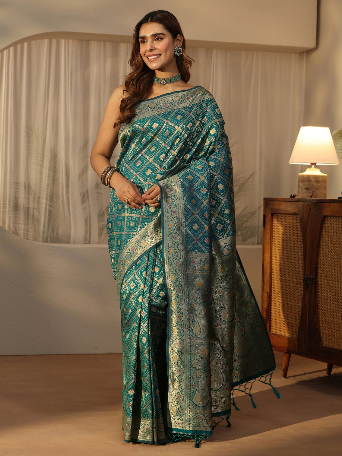 Mameraa Aqua Blue Bandhani Print Woven Silk Blend Saree