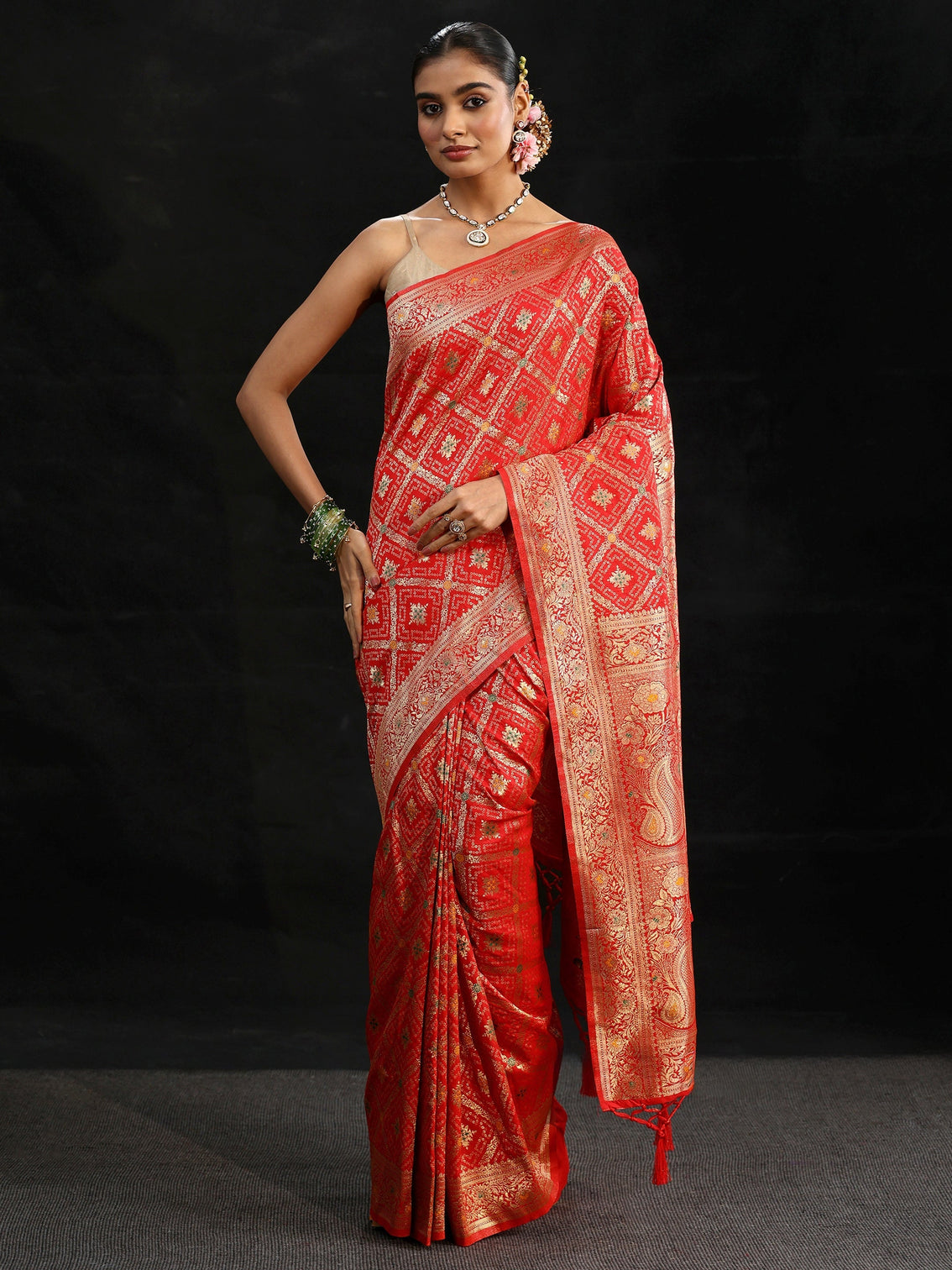Mameraa Vermilion Red Gharchola Silk Blend Saree