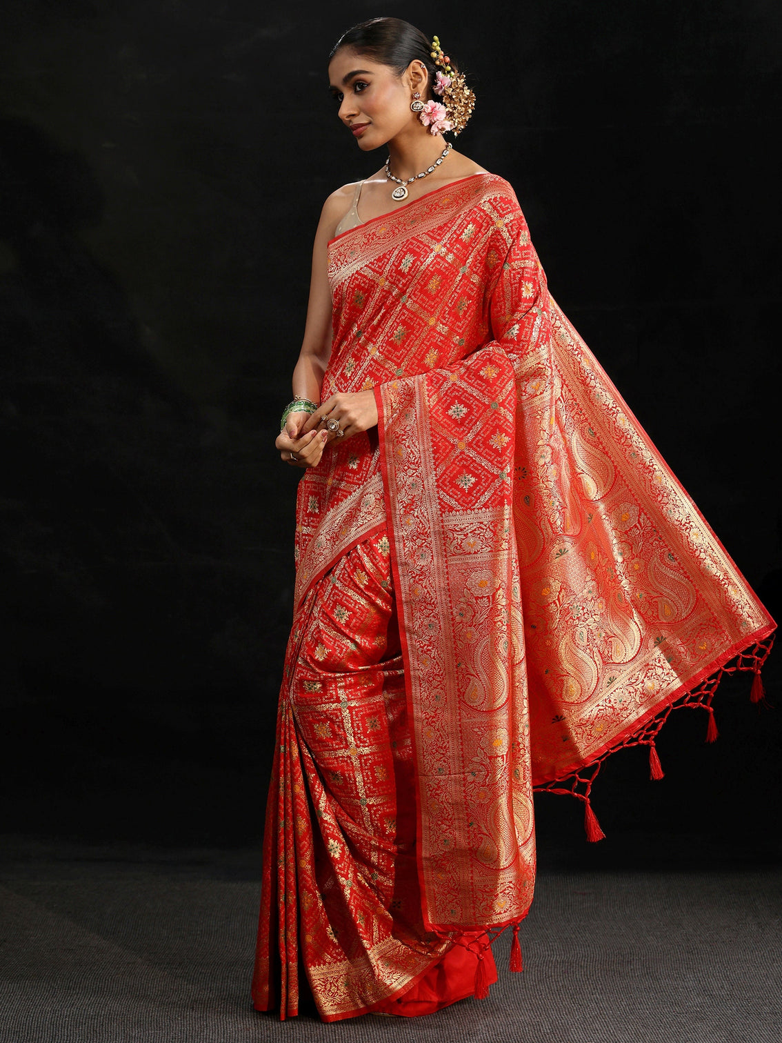 Mameraa Vermilion Red Gharchola Silk Blend Saree