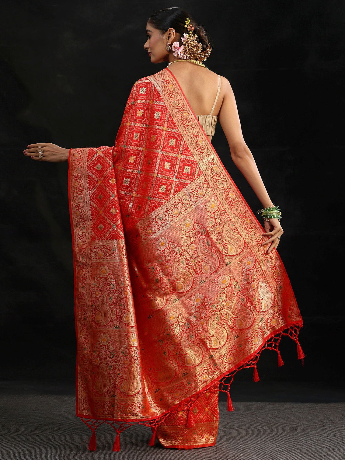 Mameraa Vermilion Red Gharchola Silk Blend Saree