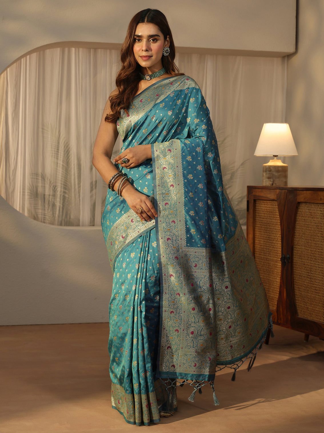 Mameraa Cerulean Blue Banarasi Silk Blend Saree