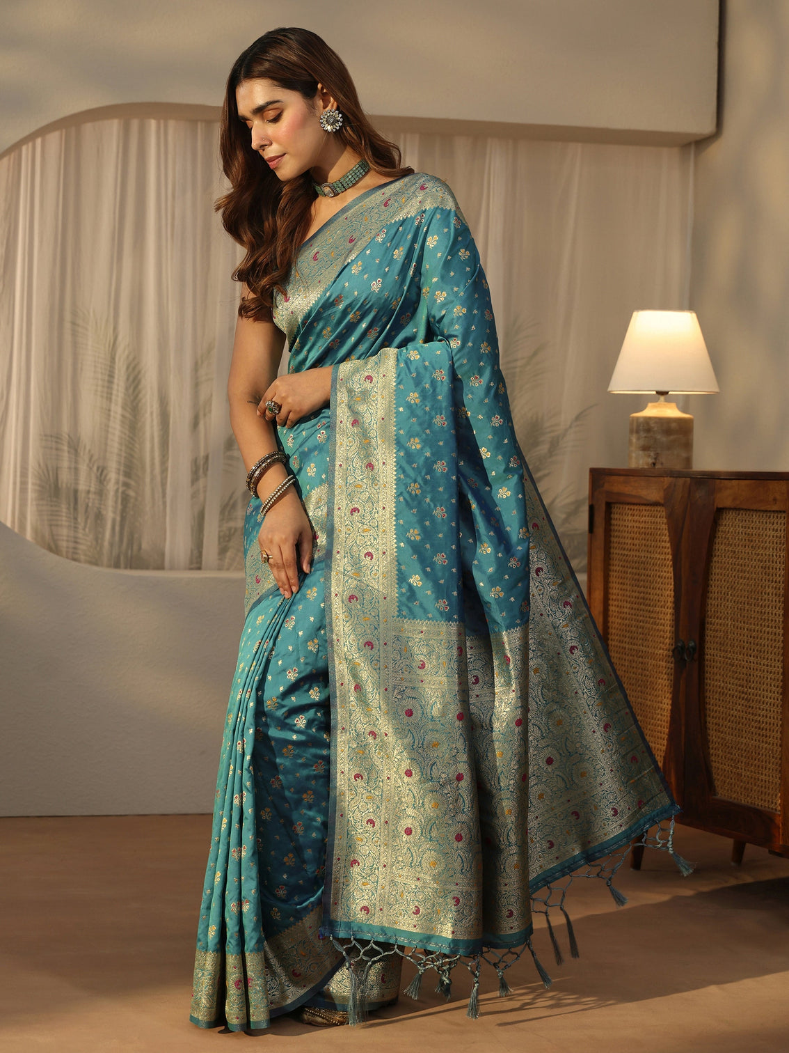 Mameraa Cerulean Blue Banarasi Silk Blend Saree