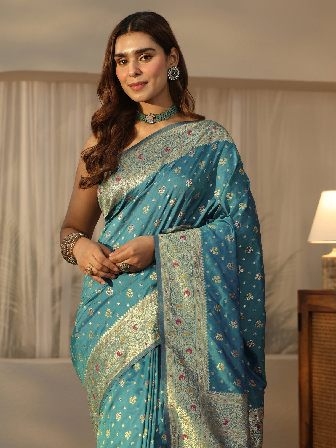 Mameraa Cerulean Blue Banarasi Silk Blend Saree