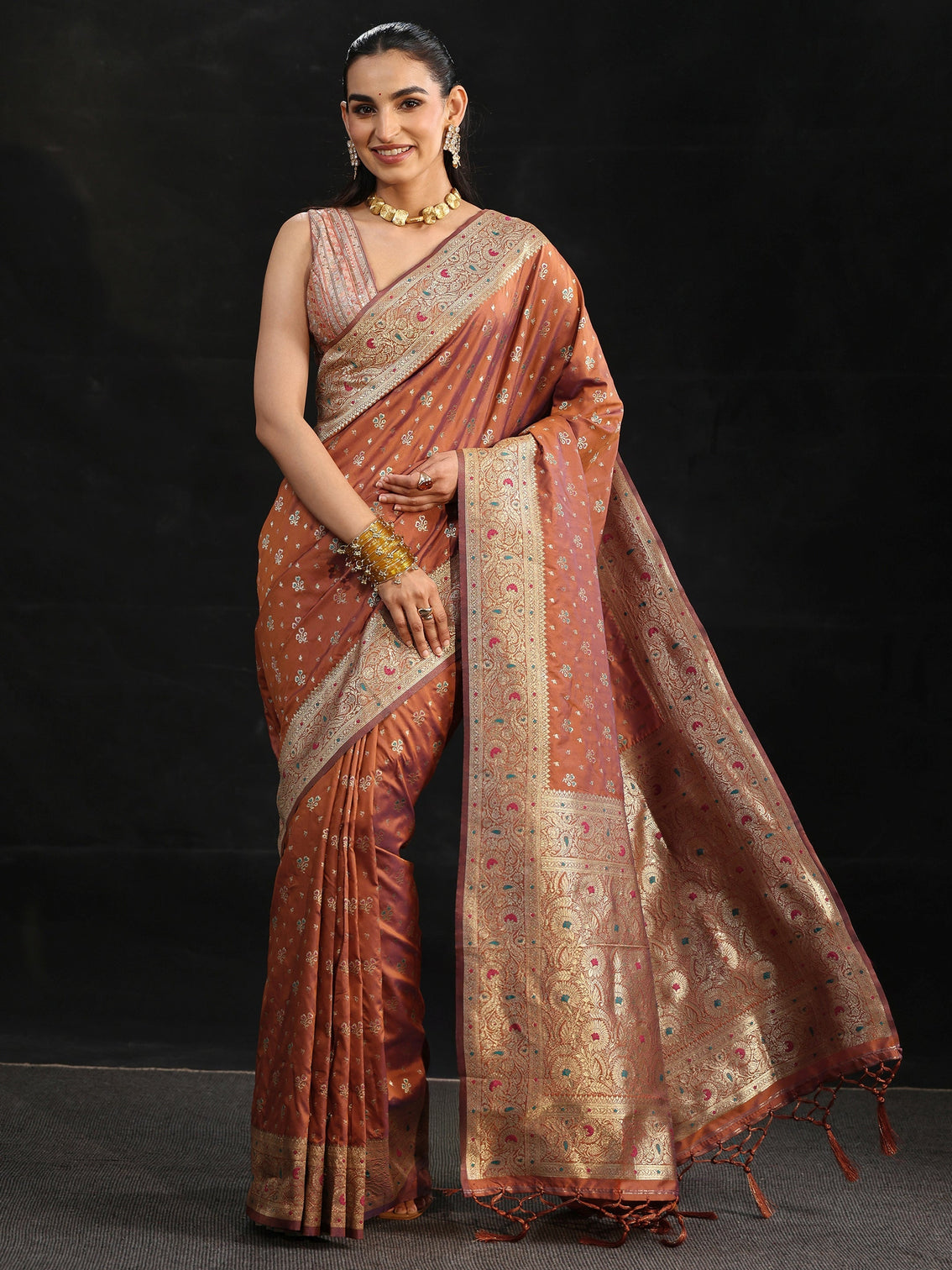 Mameraa Rust Brown Banarasi Silk Blend Saree