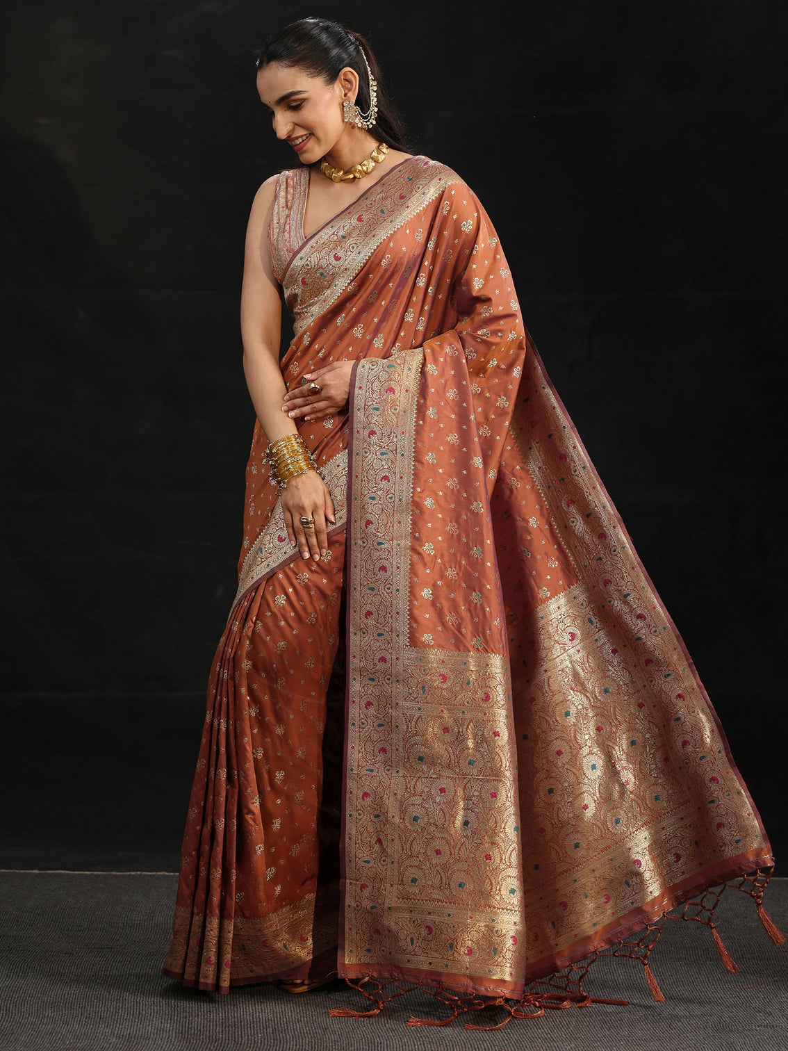Mameraa Rust Brown Banarasi Silk Blend Saree