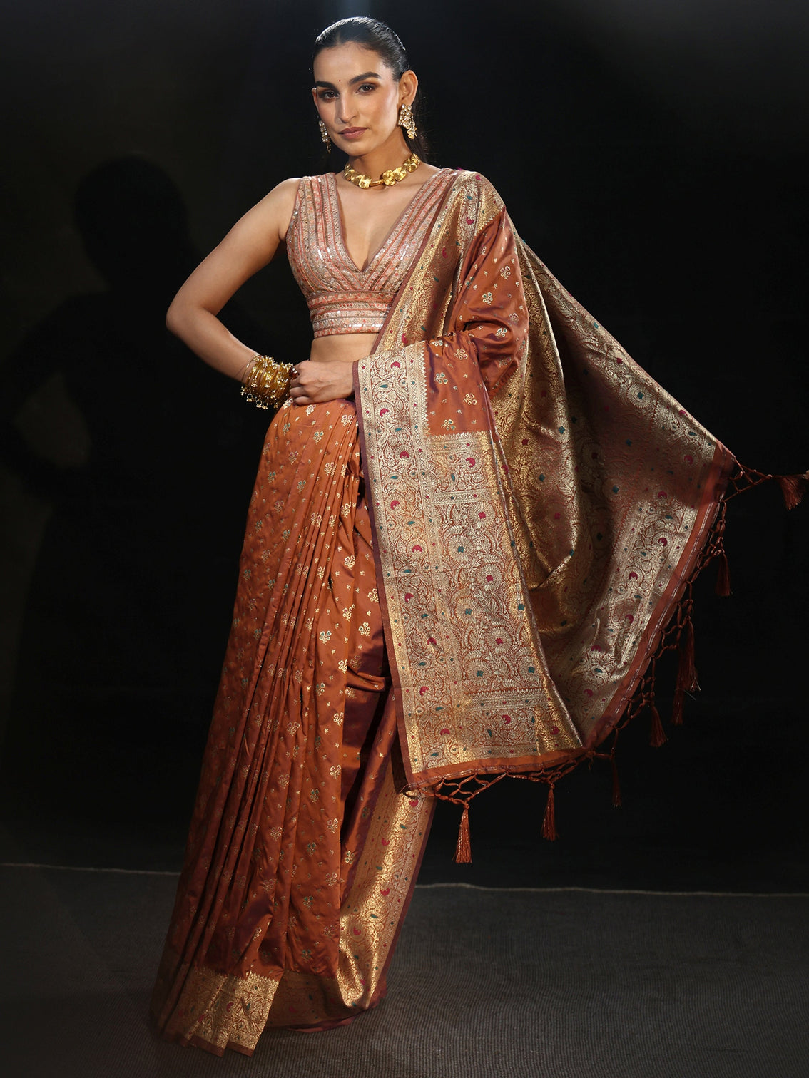 Mameraa Rust Brown Banarasi Silk Blend Saree