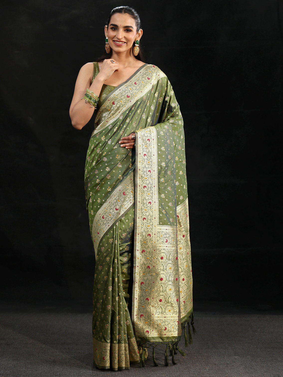 Mameraa Olive Green Banarasi Silk Blend Saree