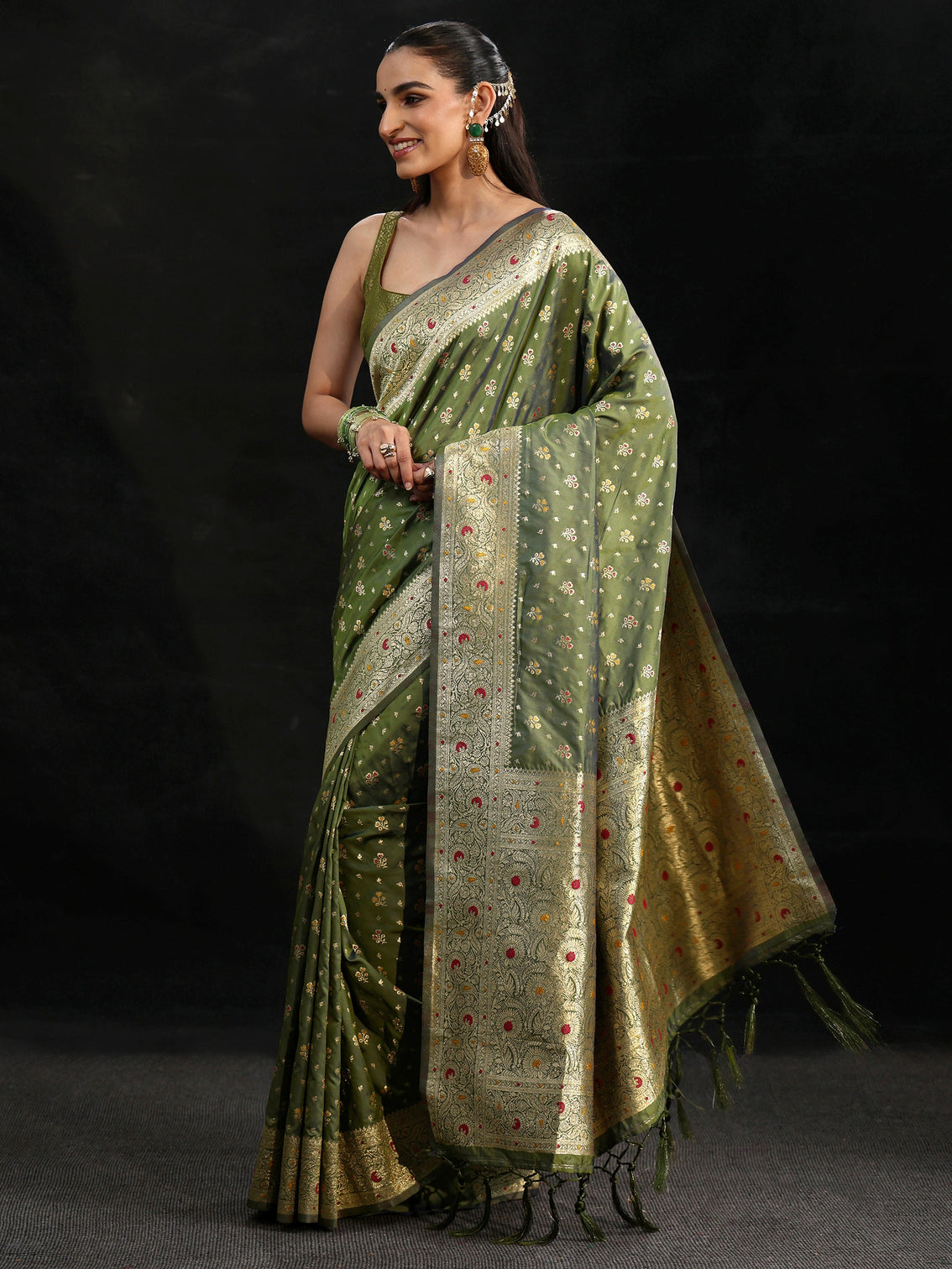 Mameraa Olive Green Banarasi Silk Blend Saree