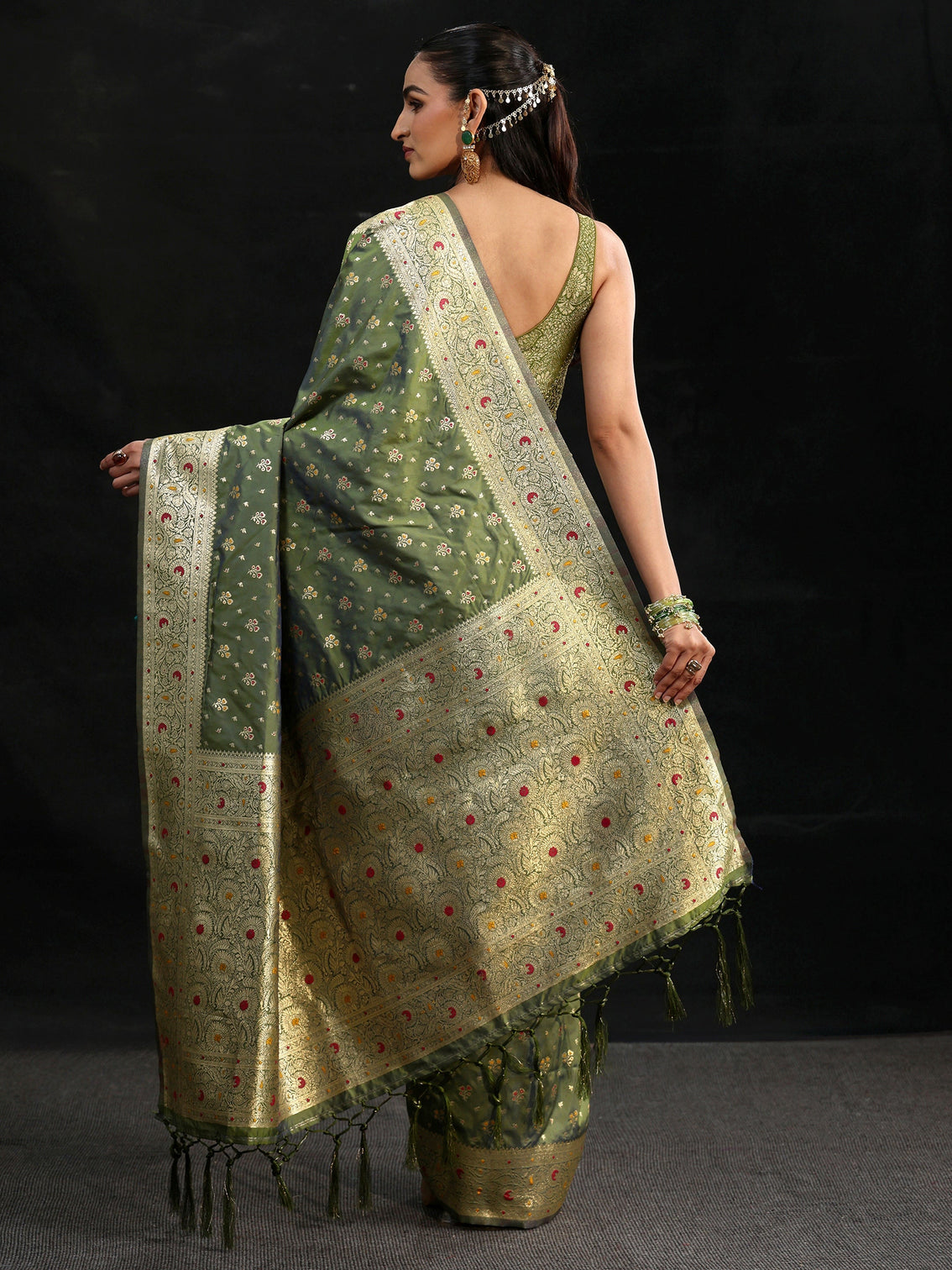 Mameraa Olive Green Banarasi Silk Blend Saree