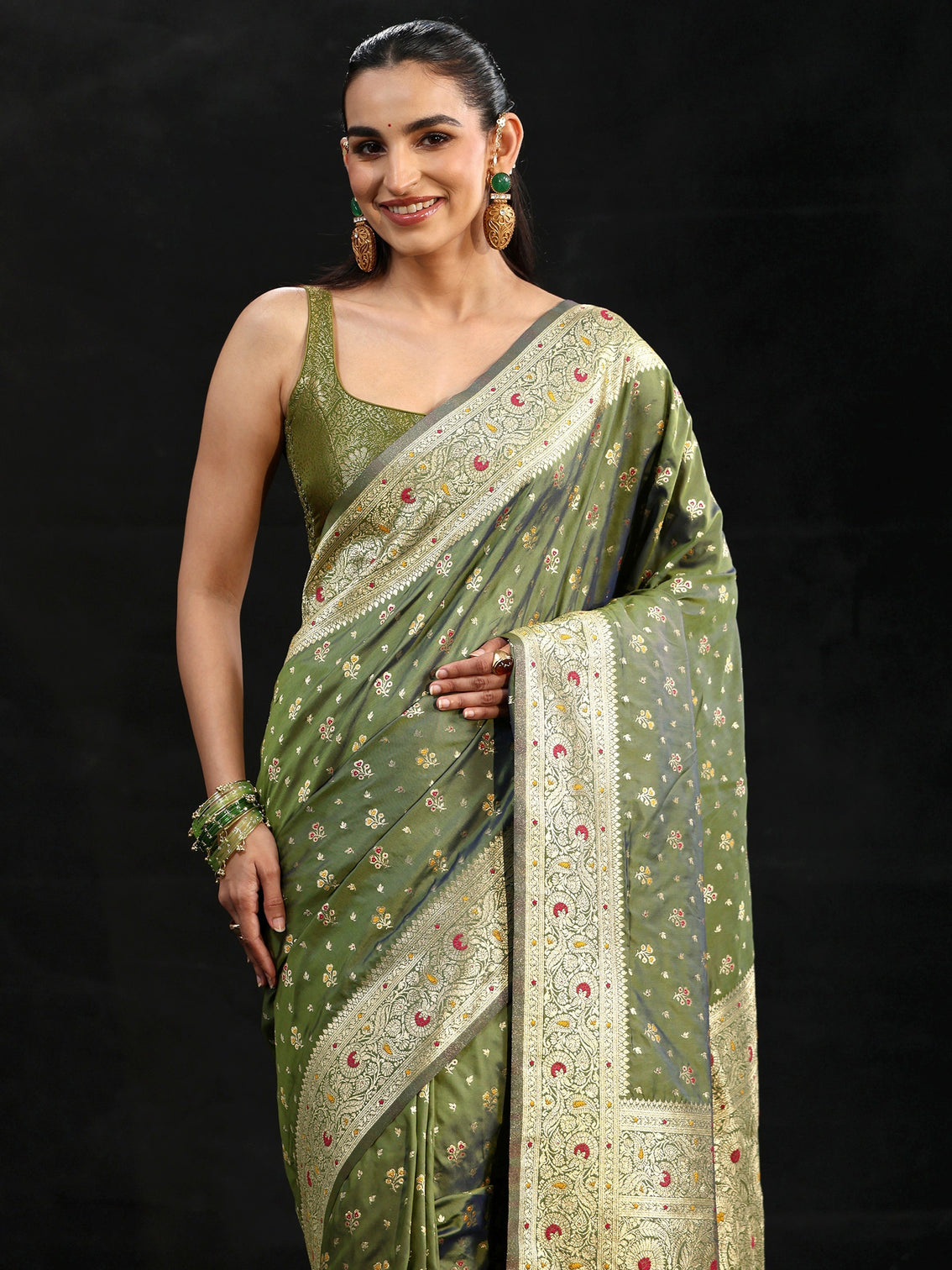 Mameraa Olive Green Banarasi Silk Blend Saree
