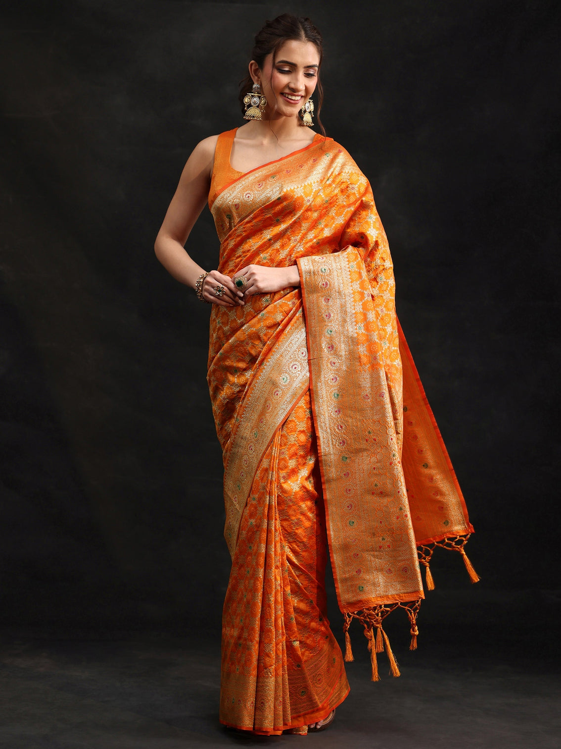 Mameraa Orange Meenakari Banarasi Silk Blend Saree
