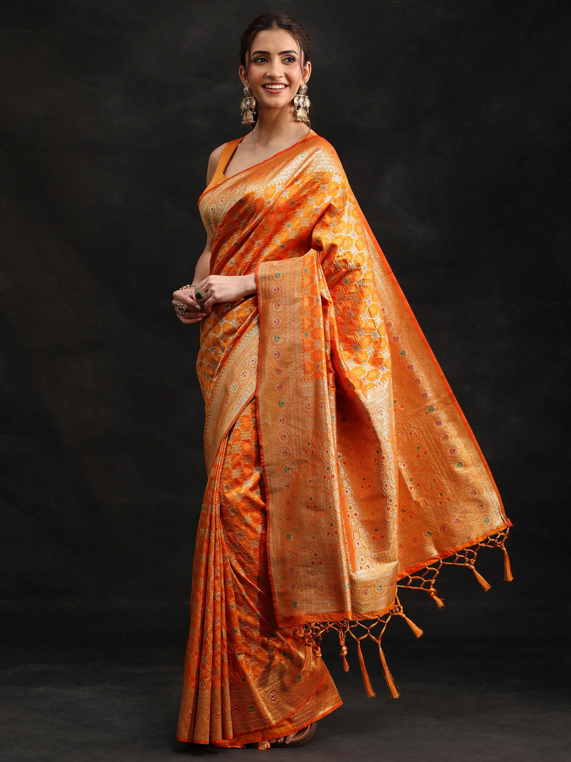 Mameraa Orange Meenakari Banarasi Silk Blend Saree