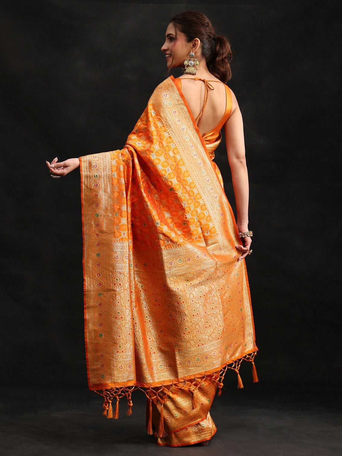 Mameraa Orange Meenakari Banarasi Silk Blend Saree