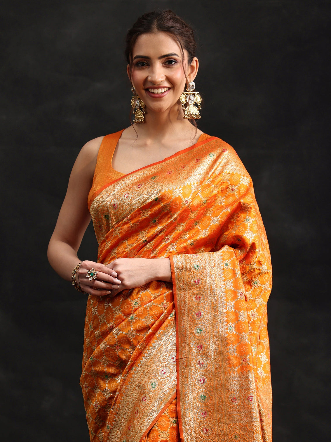 Mameraa Orange Meenakari Banarasi Silk Blend Saree