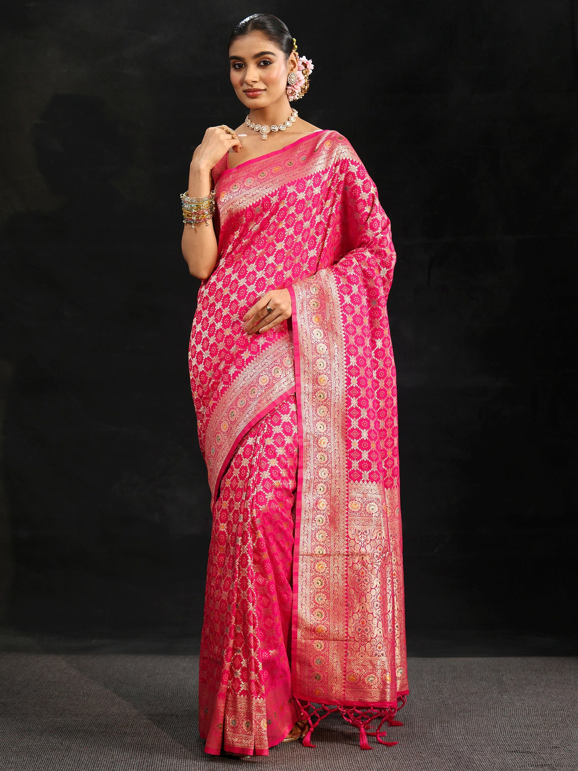 Mameraa Rani Pink Banarasi Silk Blend Saree