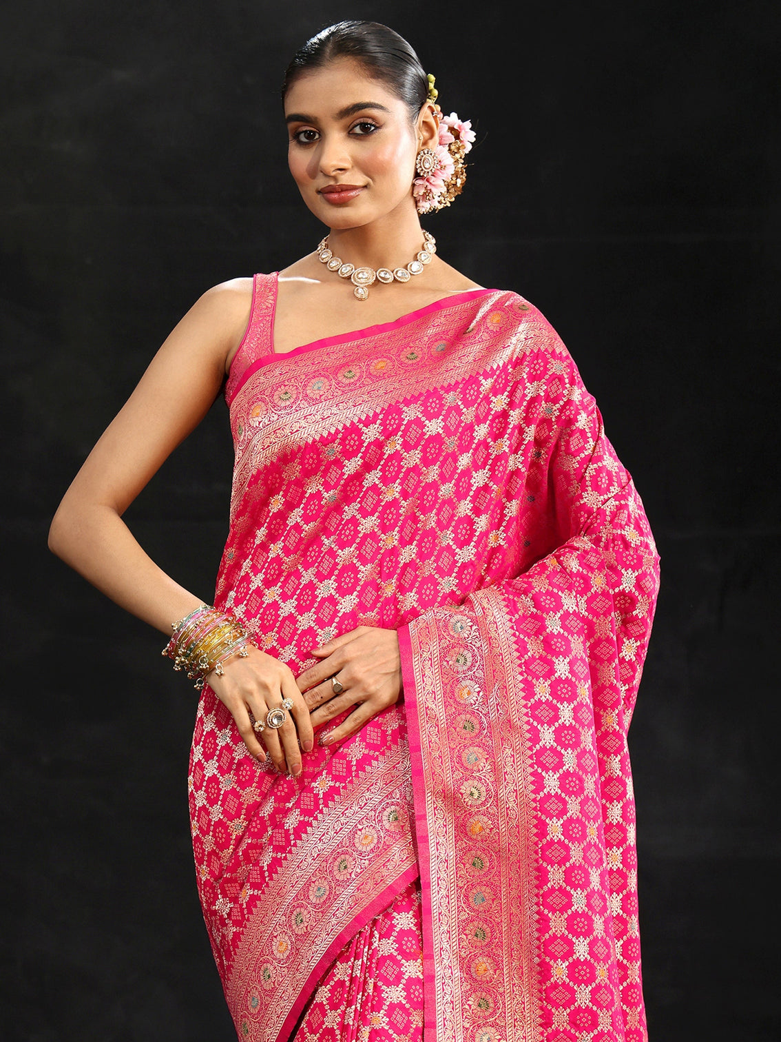 Mameraa Rani Pink Banarasi Silk Blend Saree