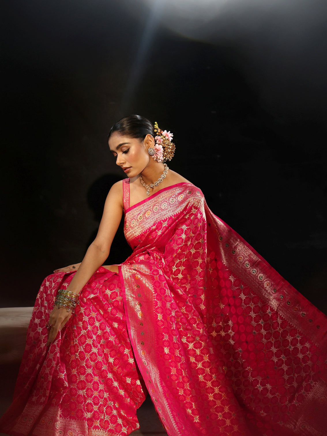 Mameraa Rani Pink Banarasi Silk Blend Saree