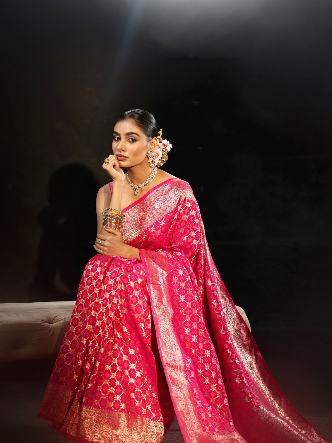 Mameraa Rani Pink Banarasi Silk Blend Saree