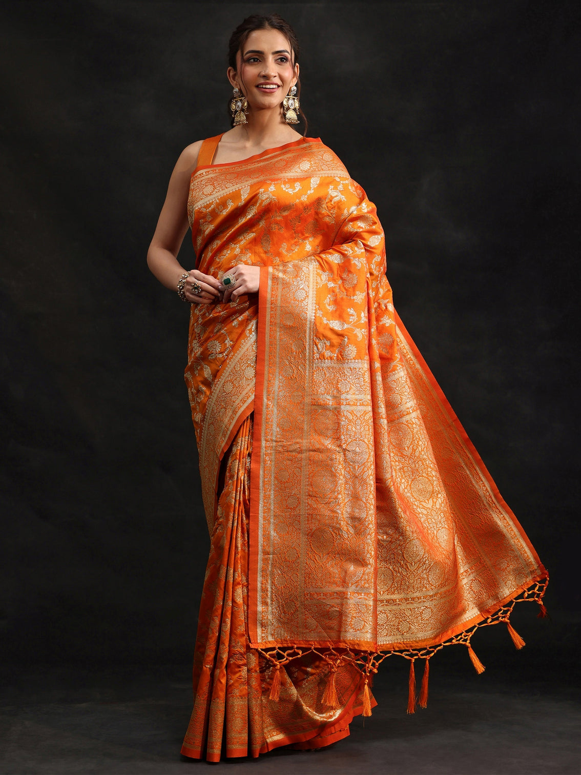 Mameraa Orange Banarasi Silk Blend Saree