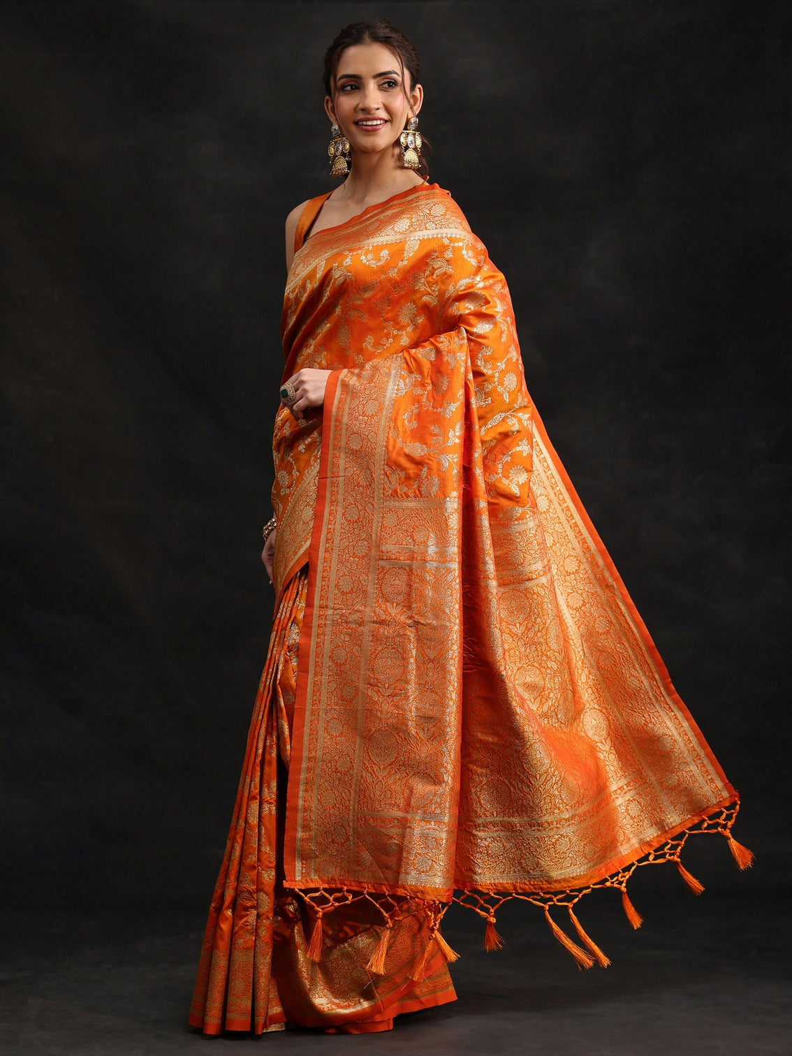 Mameraa Orange Banarasi Silk Blend Saree